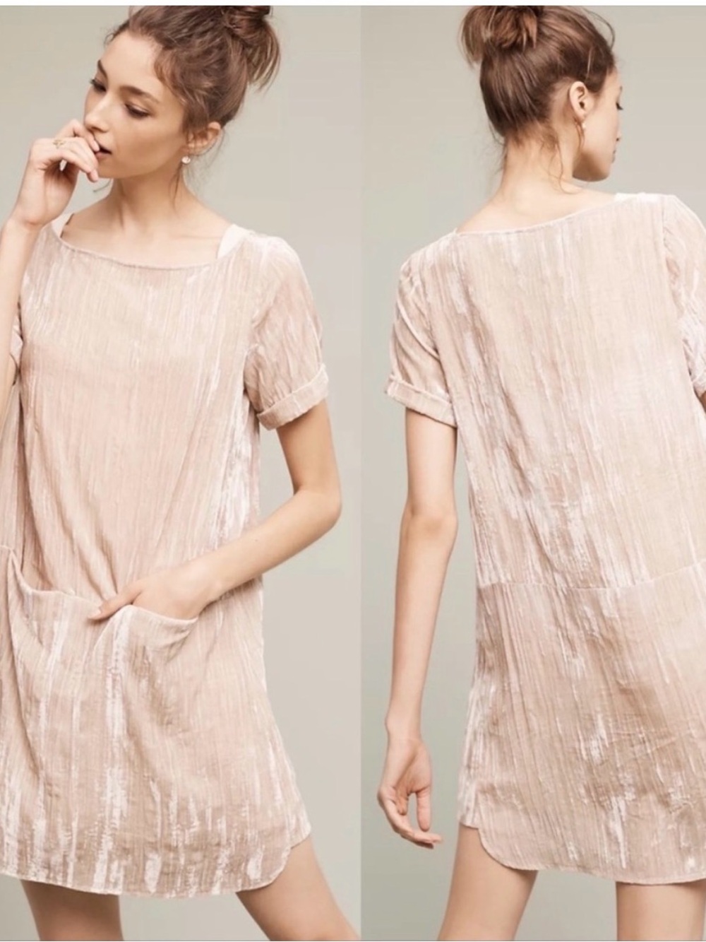 Floreat for Anthropologie Blush Pink Short Sleeve Crushed Velvet Tunic Dress